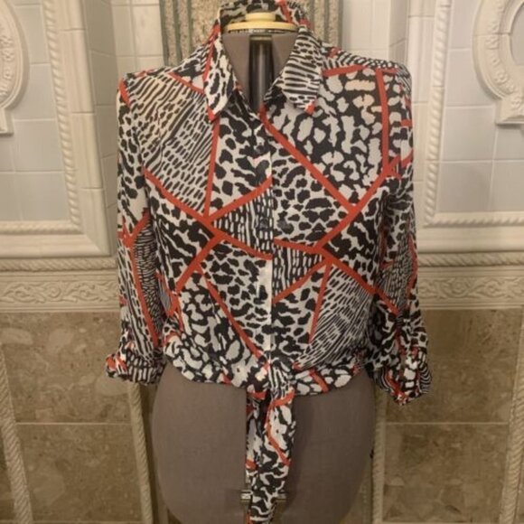 Zac & Rachel. Sz Large. Tie Front. Button Up. Roll Tab Cuff. Chiffon. B85. - Picture 1 of 5